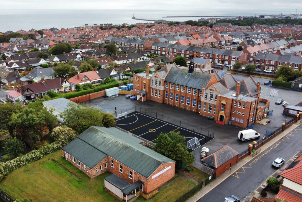 Birds eye view of school and playground