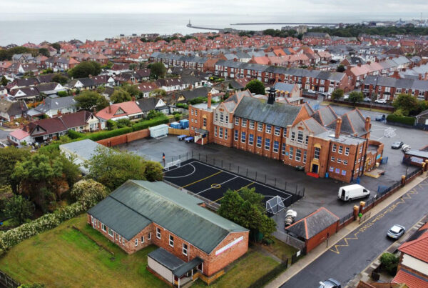 Birds eye view of school and playground