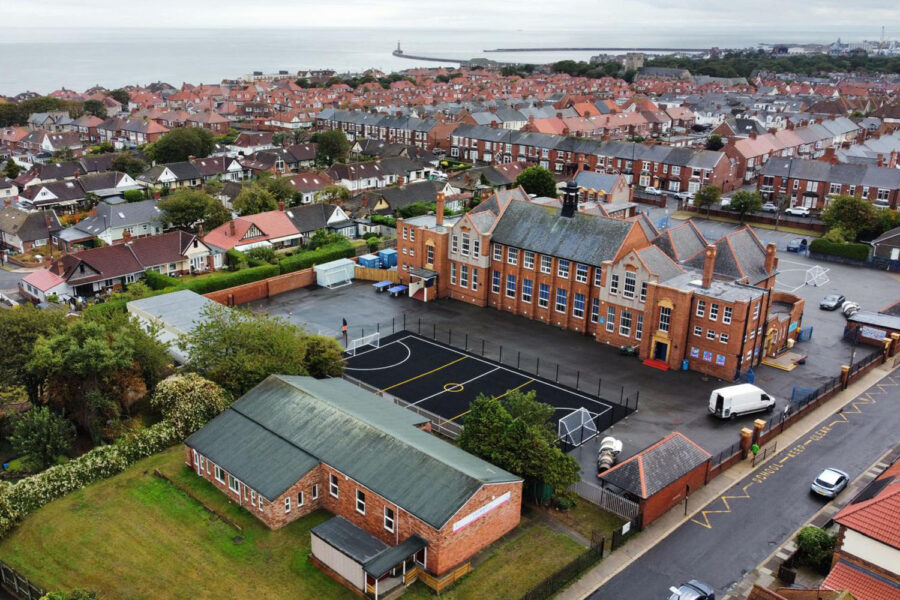 Birds eye view of school and playground