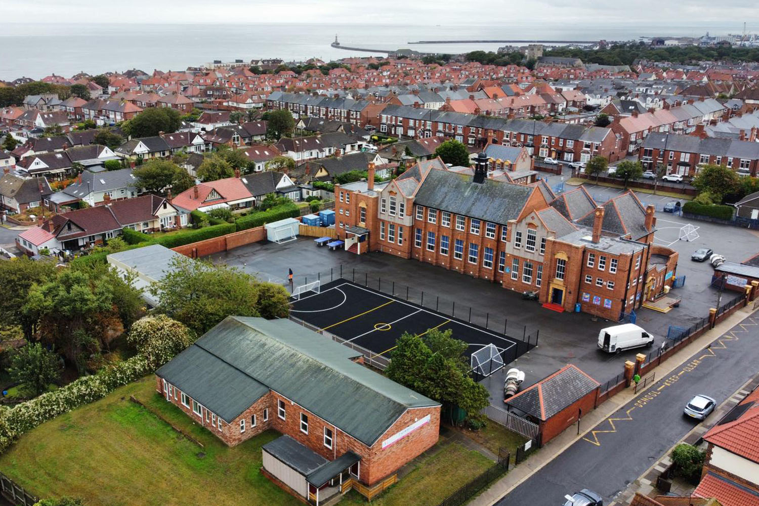 Birds eye view of school and playground