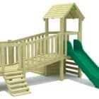 wooden outdoor play tower with green slide