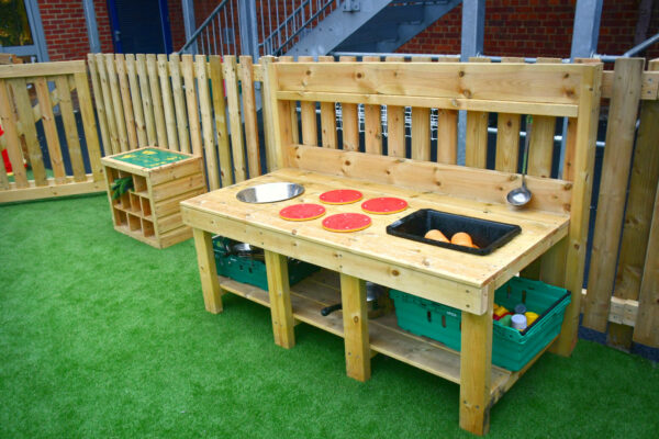 children playing with mud kitchen